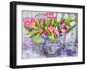 Pink and White Tulips, Orchids and Blue Antique China-Joan Thewsey-Framed Giclee Print