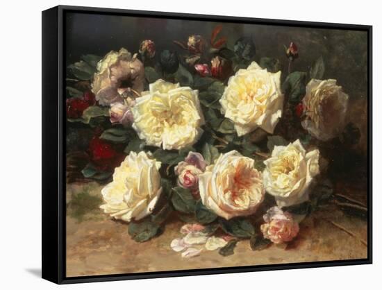 Pink and Yellow Roses-Jean Baptiste Claude Robie-Framed Stretched Canvas