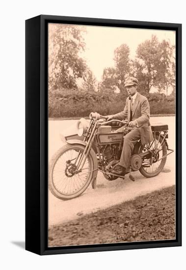 Pink Black and White of Man on Motorcycle-null-Framed Stretched Canvas