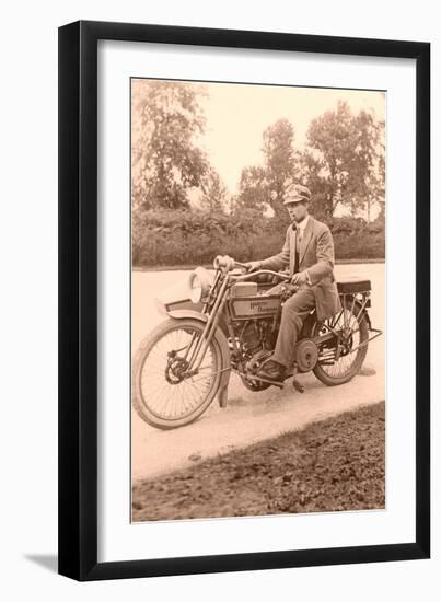 Pink Black and White of Man on Motorcycle-null-Framed Art Print