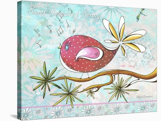 Pink Brown Bird with Notes and Branch-Megan Aroon Duncanson-Stretched Canvas