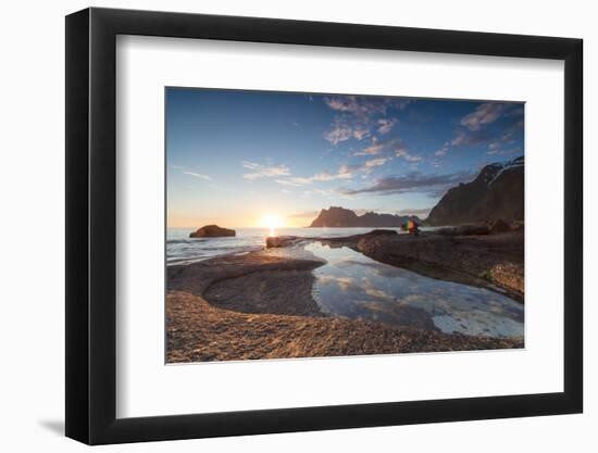 Pink clouds and midnight sun are reflected in the blue sea framed by rocky peaks, Uttakleiv, Lofote-Roberto Moiola-Framed Photographic Print