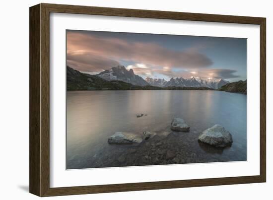Pink clouds at sunrise on Mont Blanc massif seen from Lacs De Cheserys, Chamonix, Haute Savoie, Fre-Roberto Moiola-Framed Photographic Print