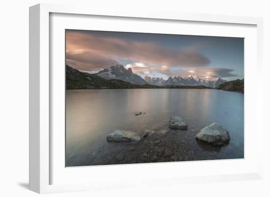 Pink clouds at sunrise on Mont Blanc massif seen from Lacs De Cheserys, Chamonix, Haute Savoie, Fre-Roberto Moiola-Framed Photographic Print