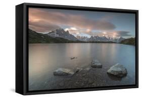 Pink clouds at sunrise on Mont Blanc massif seen from Lacs De Cheserys, Chamonix, Haute Savoie, Fre-Roberto Moiola-Framed Stretched Canvas