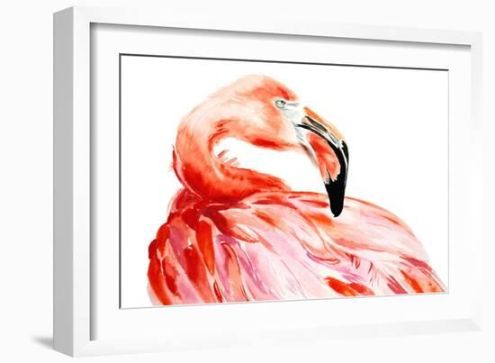 Pink Flamingo Bird Profile Portrait, Amazing Beautiful Animal, Art Print, Watercolor Wildlife Drawi-Antonova Katya-Framed Art Print