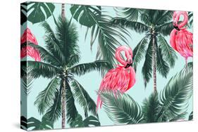 Pink Flamingos, Exotic Birds, Tropical Palm Leaves, Trees, Jungle Leaves Seamless Vector Floral Pat-NataliaKo-Stretched Canvas