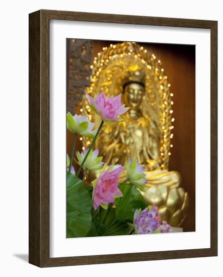 Pink Lotus Flowers in Front of Gold Statue, Kek Lok Si Temple, Island of Penang, Malaysia-Cindy Miller Hopkins-Framed Photographic Print