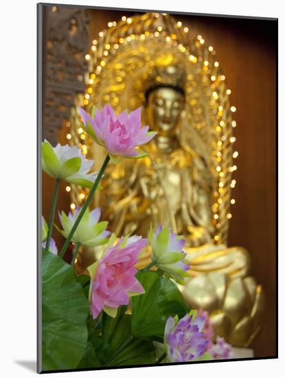 Pink Lotus Flowers in Front of Gold Statue, Kek Lok Si Temple, Island of Penang, Malaysia-Cindy Miller Hopkins-Mounted Photographic Print