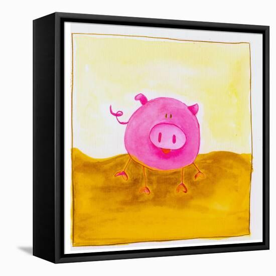 Pink Pig with Corkscrew Tail-null-Framed Stretched Canvas