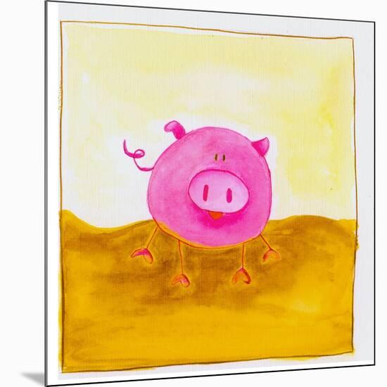 Pink Pig with Corkscrew Tail-null-Mounted Giclee Print