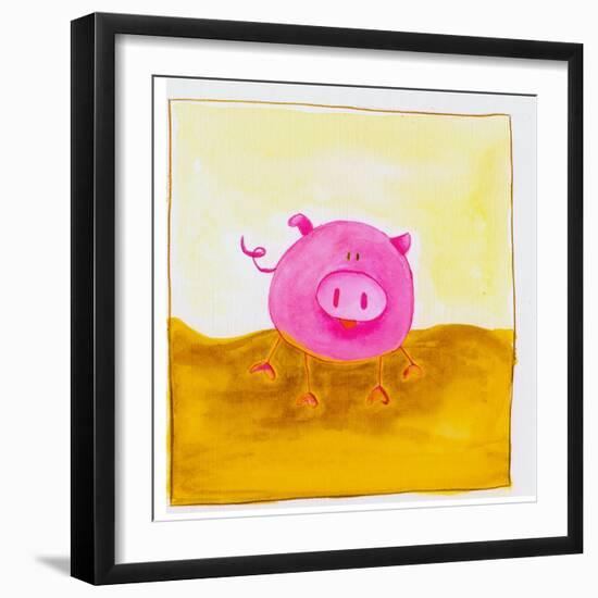 Pink Pig with Corkscrew Tail-null-Framed Giclee Print