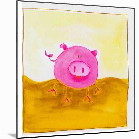 Pink Pig with Corkscrew Tail-null-Mounted Giclee Print