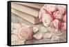 Pink Roses and Old Books on Wooden Desk-egal-Framed Stretched Canvas