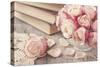 Pink Roses and Old Books on Wooden Desk-egal-Stretched Canvas