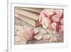 Pink Roses and Old Books on Wooden Desk-egal-Framed Photographic Print