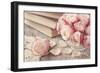 Pink Roses and Old Books on Wooden Desk-egal-Framed Photographic Print