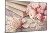 Pink Roses and Old Books on Wooden Desk-egal-Mounted Photographic Print