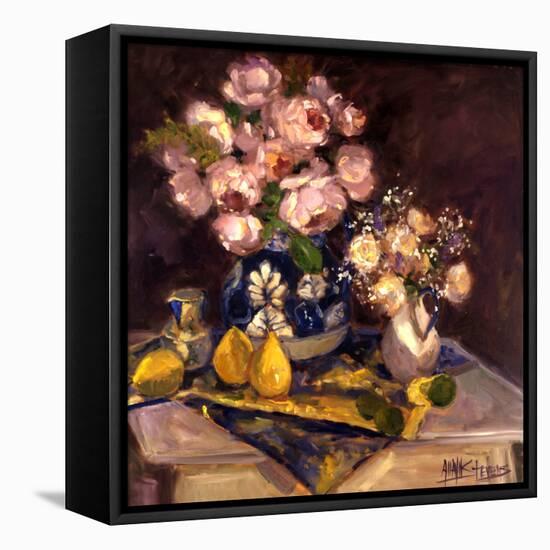 Pink Roses and Table Cloth-Allayn Stevens-Framed Stretched Canvas