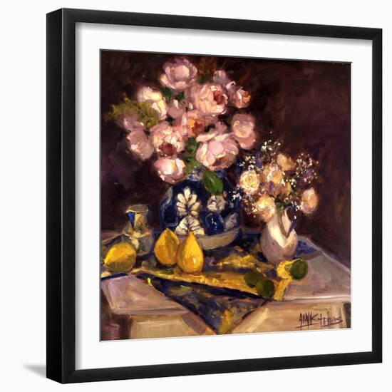 Pink Roses and Table Cloth-Allayn Stevens-Framed Art Print