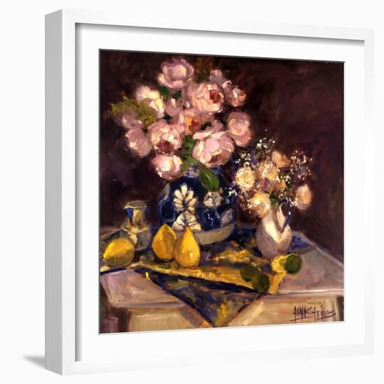 Pink Roses and Table Cloth-Allayn Stevens-Framed Art Print