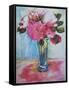 Pink Roses in a Blue Glass-Joan Thewsey-Framed Stretched Canvas