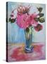 Pink Roses in a Blue Glass-Joan Thewsey-Stretched Canvas