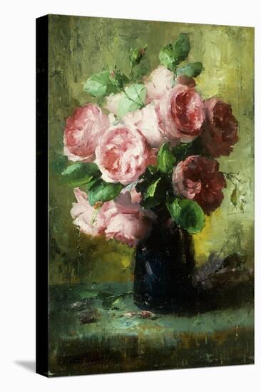 Pink Roses in a Vase-Frans Mortelmans-Stretched Canvas