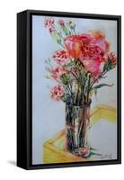 Pink Roses with Cottage Pinks-Joan Thewsey-Framed Stretched Canvas