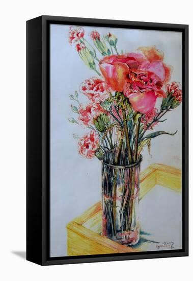 Pink Roses with Cottage Pinks-Joan Thewsey-Framed Stretched Canvas