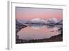 Pink sky at sunrise lights up the snowy peaks reflected in the cold sea, Bergsbotn, Senja, Norway-Roberto Moiola-Framed Photographic Print