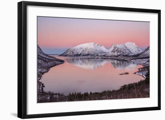 Pink sky at sunrise lights up the snowy peaks reflected in the cold sea, Bergsbotn, Senja, Norway-Roberto Moiola-Framed Photographic Print