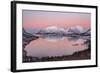 Pink sky at sunrise lights up the snowy peaks reflected in the cold sea, Bergsbotn, Senja, Norway-Roberto Moiola-Framed Photographic Print