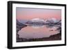 Pink sky at sunrise lights up the snowy peaks reflected in the cold sea, Bergsbotn, Senja, Norway-Roberto Moiola-Framed Photographic Print