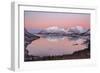 Pink sky at sunrise lights up the snowy peaks reflected in the cold sea, Bergsbotn, Senja, Norway-Roberto Moiola-Framed Photographic Print