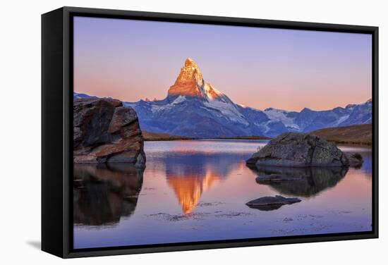 Pink Sky at Sunrise on the Matterhorn Reflected in Stellisee-Roberto Moiola-Framed Stretched Canvas