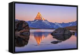 Pink Sky at Sunrise on the Matterhorn Reflected in Stellisee-Roberto Moiola-Framed Stretched Canvas
