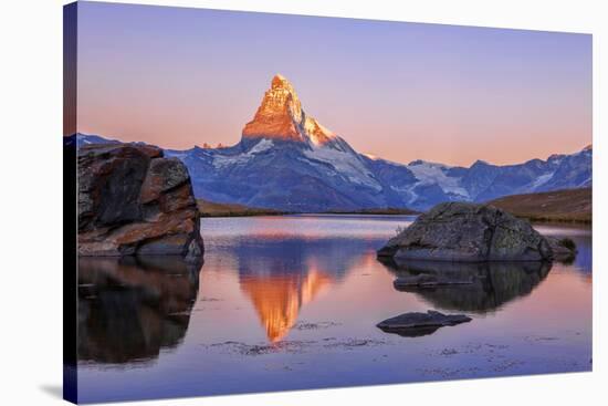 Pink Sky at Sunrise on the Matterhorn Reflected in Stellisee-Roberto Moiola-Stretched Canvas