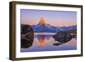 Pink Sky at Sunrise on the Matterhorn Reflected in Stellisee-Roberto Moiola-Framed Photographic Print