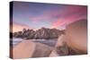 Pink sky at sunset frames the lighthouse on cliffs, Capo Testa, Santa Teresa di Gallura, Italy-Roberto Moiola-Stretched Canvas