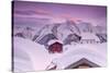 Pink Sky at Sunset Frames the Snowy Mountain Huts and Church, Bettmeralp, District of Raron-Roberto Moiola-Stretched Canvas