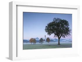 Pink sunrise and mist of autumn on St. Coloman Church framed by snowy peaks, Schwangau, Bavaria, Ge-Roberto Moiola-Framed Photographic Print