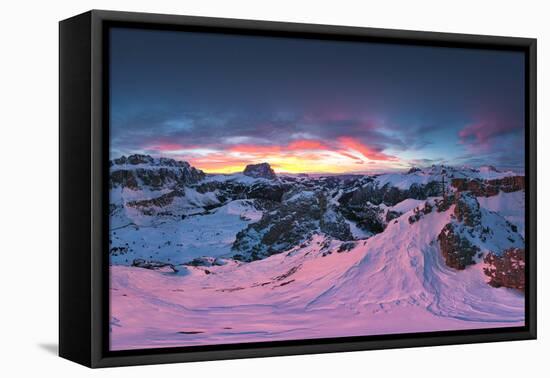 Pink sunset on the snowcapped Gran Cir, Odle, Sassolungo and Sella Group mountains-Roberto Moiola-Framed Stretched Canvas