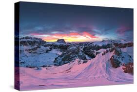 Pink sunset on the snowcapped Gran Cir, Odle, Sassolungo and Sella Group mountains-Roberto Moiola-Stretched Canvas