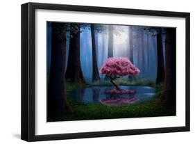 Pink Tree and Pond in the Forest at Night. Photomanipulation.-null-Framed Photographic Print