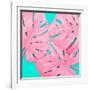 Pink Tropical Palm Leaves of Monstera in Vibrant Bold Color on Turquoise Background-Katya Havok-Framed Photographic Print