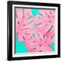 Pink Tropical Palm Leaves of Monstera in Vibrant Bold Color on Turquoise Background-Katya Havok-Framed Photographic Print