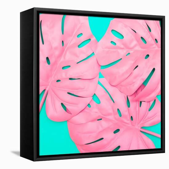 Pink Tropical Palm Leaves of Monstera in Vibrant Bold Color on Turquoise Background-Katya Havok-Framed Stretched Canvas