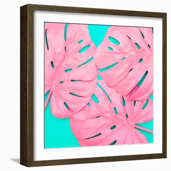 Pink Tropical Palm Leaves of Monstera in Vibrant Bold Color on Turquoise Background-Katya Havok-Framed Photographic Print