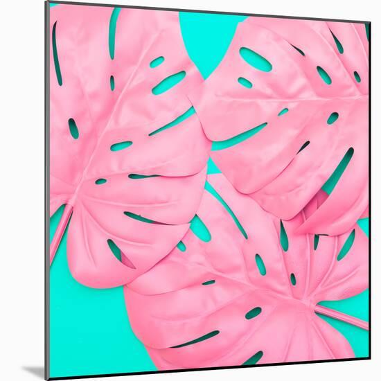 Pink Tropical Palm Leaves of Monstera in Vibrant Bold Color on Turquoise Background-Katya Havok-Mounted Photographic Print